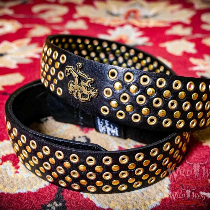 Red Monkey Handbuilt Hellion Leather Guitar Strap 56’’ - 60’’ Black+Brass - Image 1