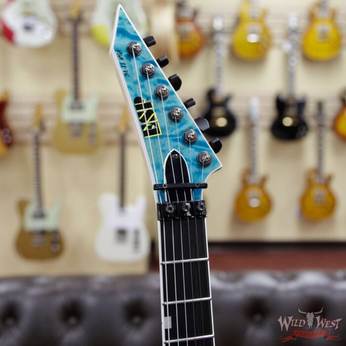 ESP USA M-II FR Floyd Rose DLX EMG Pickups Quilted Maple Top with Mahogany Body Ebony Fingerboard See-Thru Blue - Image 4