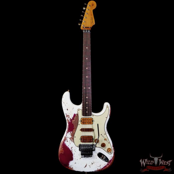 Fender Custom Shop Wild West White Lightning Stratocaster HSH Floyd Rose Rosewood Board 22 Frets Heavy Relic Lipstick Pink Metallic 8.20 LBS - Image 3