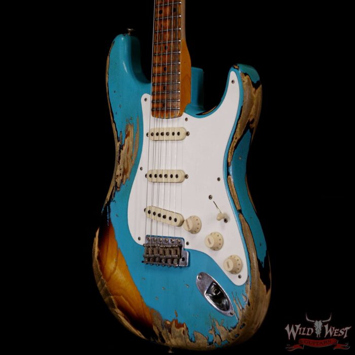 Fender Custom Shop Limited Edition 1957 Stratocaster Heavy Relic Hand-Wound Pickups Taos Turquoise over 2 Tone Sunburst - Image 2