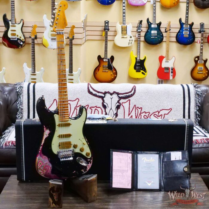 Fender Custom Shop Wild West Black Lightning Stratocaster HSS Floyd Rose Maple Board 22 Frets Heavy Relic Pink Paisley - Image 6