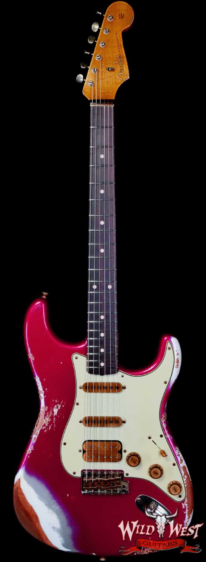 Fender Custom Shop Wild West Pink Lightning 2.0 Stratocaster HSS Rosewood Board 21 Frets Heavy Relic Lipstick Pink Metallic over Olympic White 7.95 LBS - Image 1