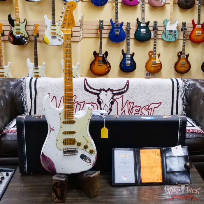 Fender Custom Shop Wild West White Lightning 2.0 Stratocaster HSS Maple Board 22 Frets Heavy Relic Pink Paisley - Image 6