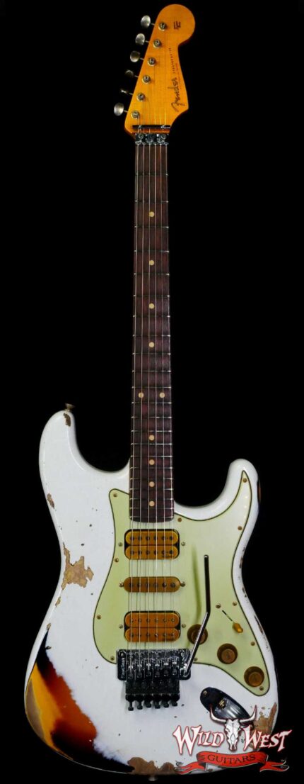 Fender Custom Shop Wild West White Lightning Stratocaster HSH Floyd Rose Rosewood Board Heavy Relic Olympic White over 3 Tone Sunburst