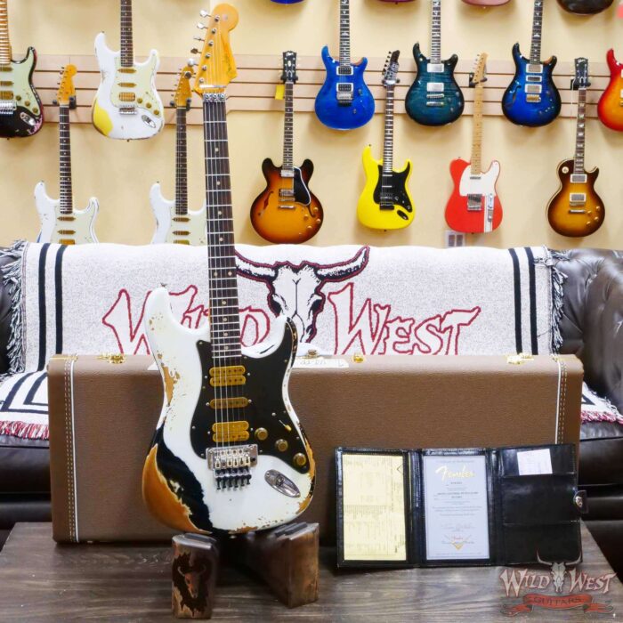 Fender Custom Shop Wild West White Lightning Stratocaster HSH Floyd Rose Rosewood Board Black Pickguard Heavy Relic Olympic White over Black - Image 6