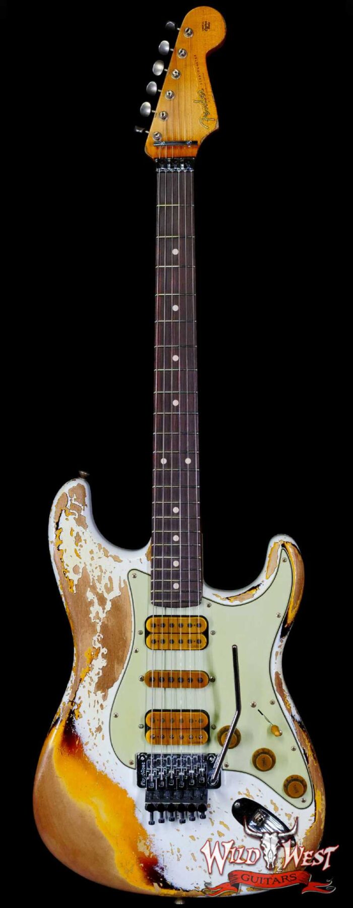 Fender Custom Shop Wild West White Lightning Stratocaster HSH Floyd Rose Rosewood Fingerboard Heavy Relic Olympic White over 3 Tone Sunburst - Image 1