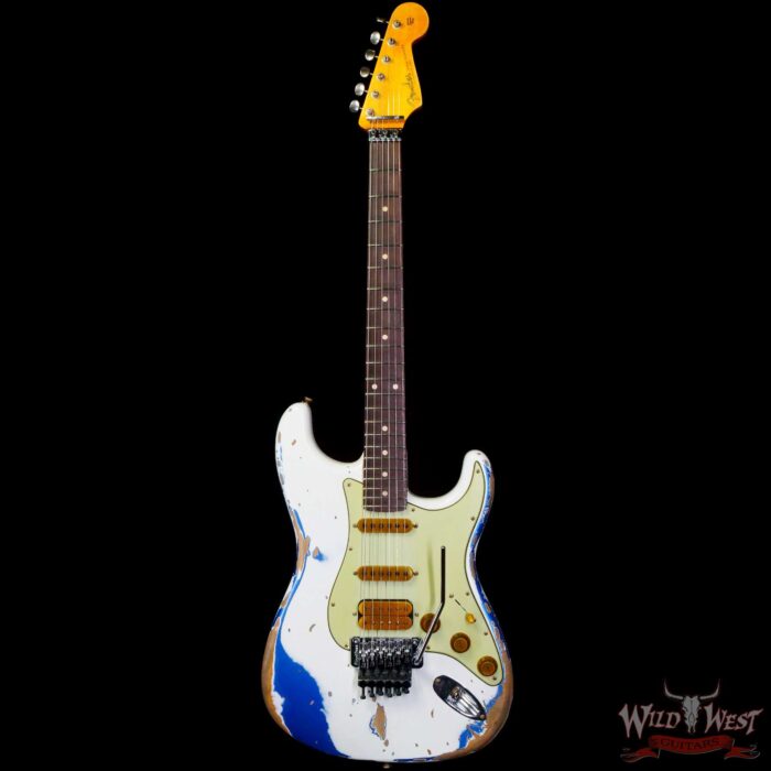 Fender Custom Shop Wild West White Lightning Stratocaster HSS Floyd Rose Rosewood Board 22 Frets Heavy Relic Lake Placid Blue - Image 3