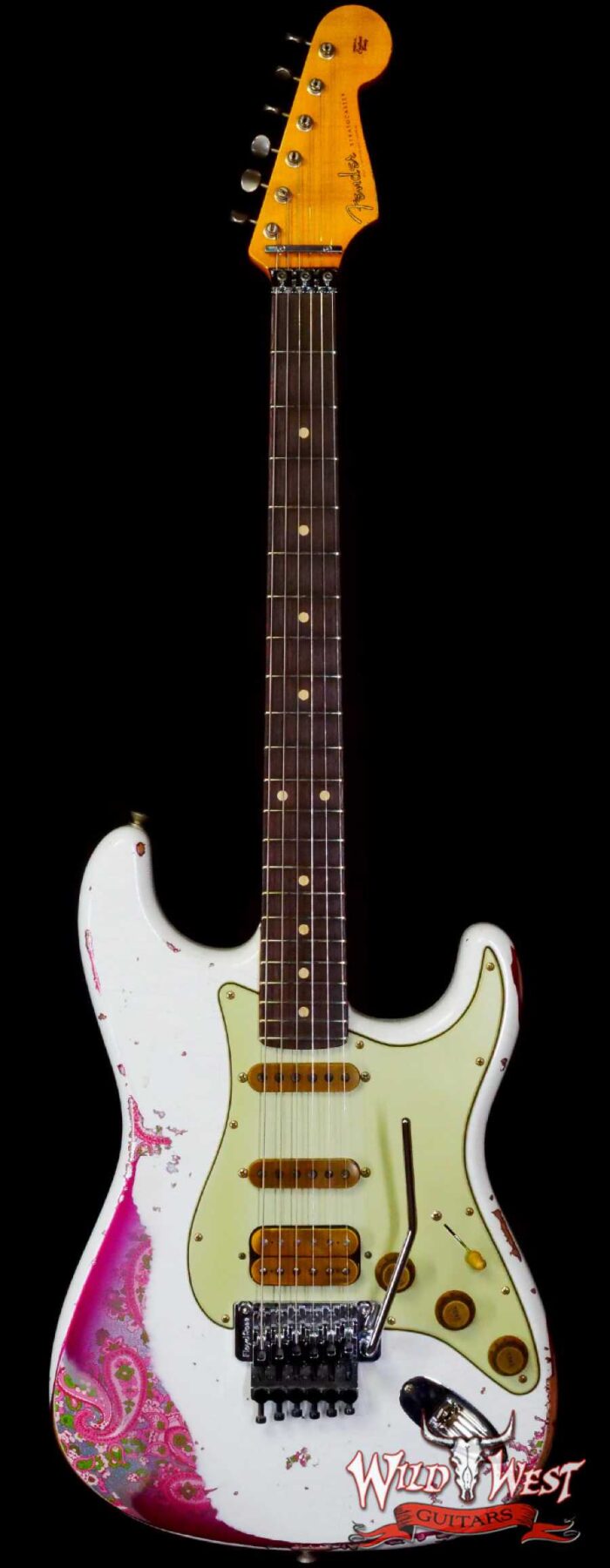 Fender Custom Shop Wild West White Lightning Stratocaster HSS Floyd Rose Rosewood Board 22 Frets Heavy Relic Pink Paisley - Image 1