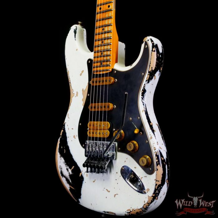 Fender Custom Shop Wild West White Lightning Stratocaster HSS Floyd Rose Maple Fingerboard Black Pickguard Heavy Relic Olympic White over Black - Image 2