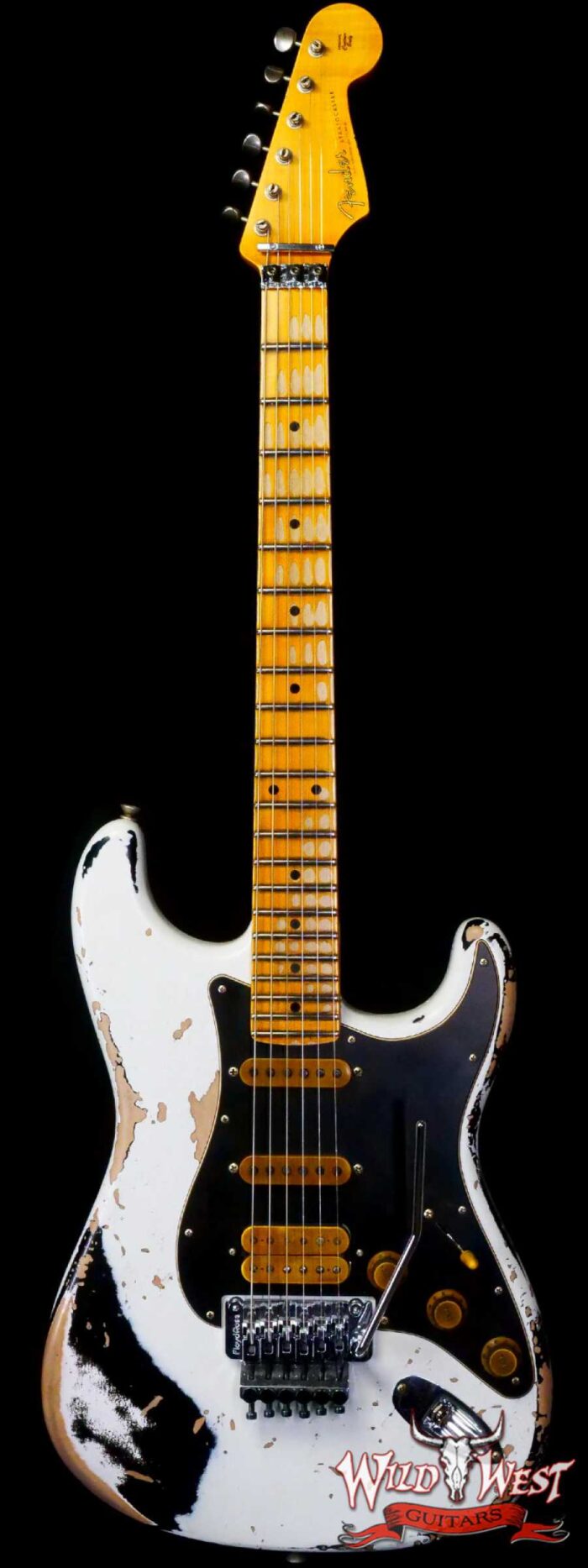 Fender Custom Shop Wild West White Lightning Stratocaster HSS Floyd Rose Maple Fingerboard Black Pickguard Heavy Relic Olympic White over Black - Image 1