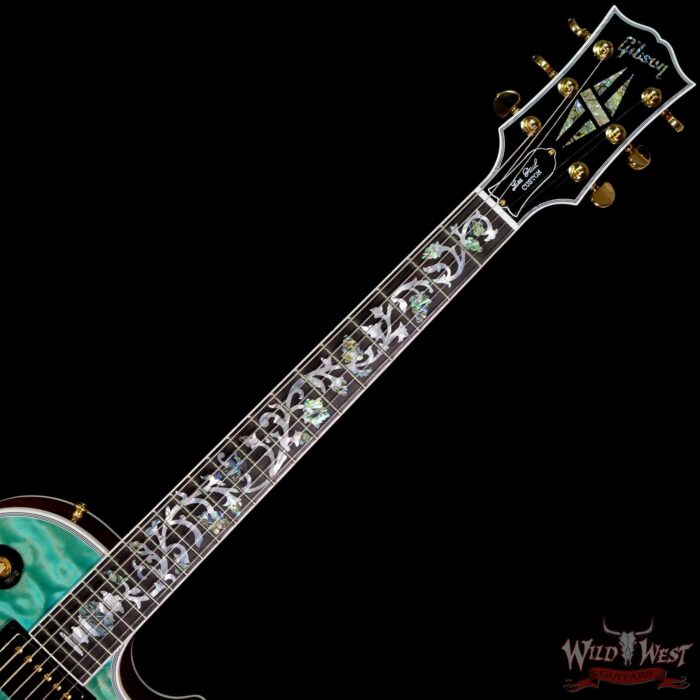 Gibson Custom Shop M2M Hand Selected 5A Quilt Maple Top Les Paul Custom Ebony Board with Tree of Life Inlay Aqua Blue - Image 4