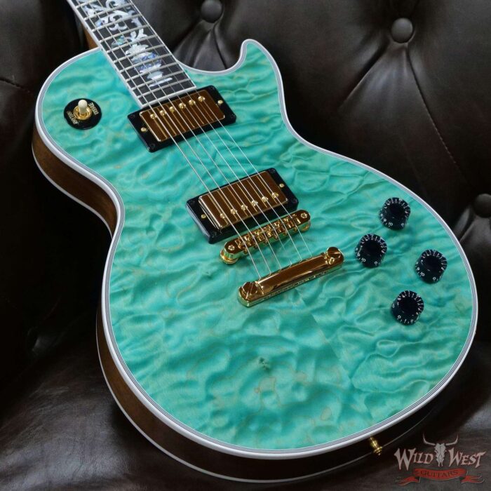 Gibson Custom Shop M2M Hand Selected 5A Quilt Maple Top Les Paul Custom Ebony Board with Tree of Life Inlay Aqua Blue - Image 9
