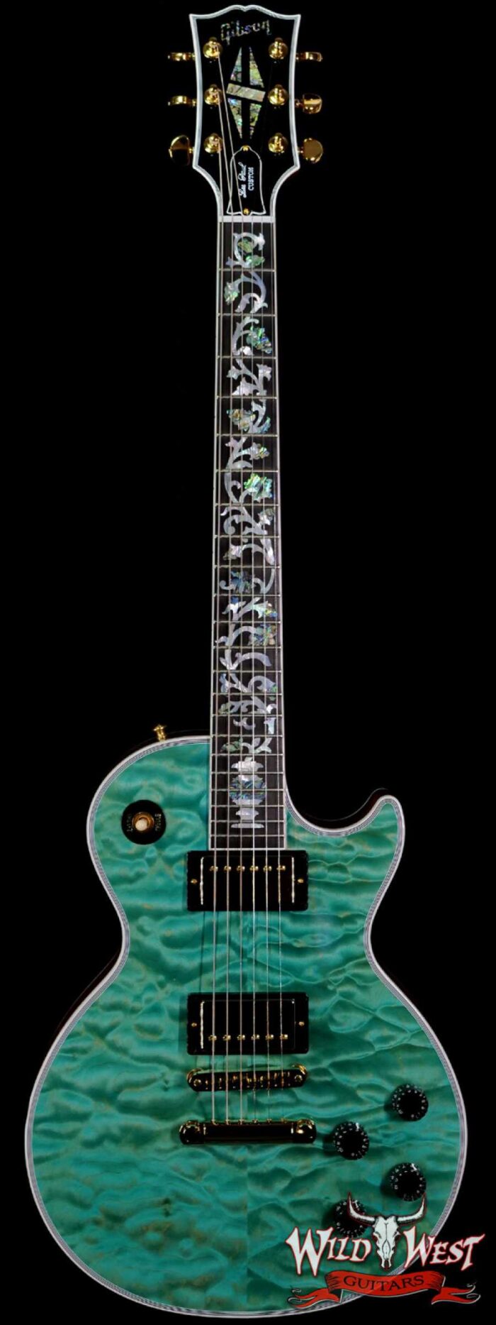 Gibson Custom Shop M2M Hand Selected 5A Quilt Maple Top Les Paul Custom Ebony Board with Tree of Life Inlay Aqua Blue - Image 1