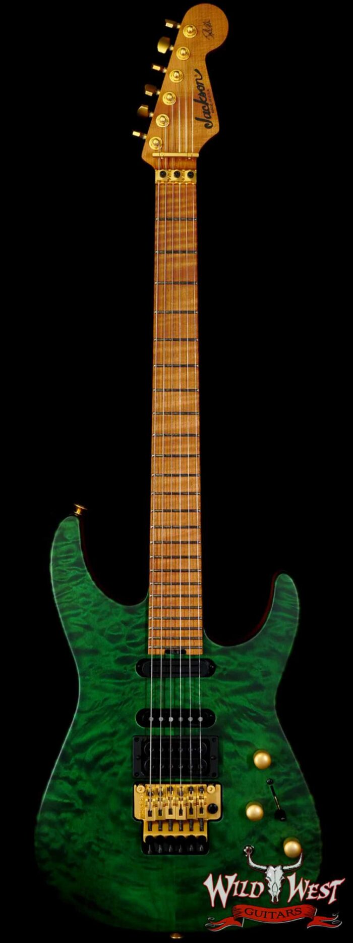 Jackson Custom Shop USA Signature Phil Collen PC Satin Stain Caramelized Flame Maple Fingerboard Satin Transparent Green - Image 1