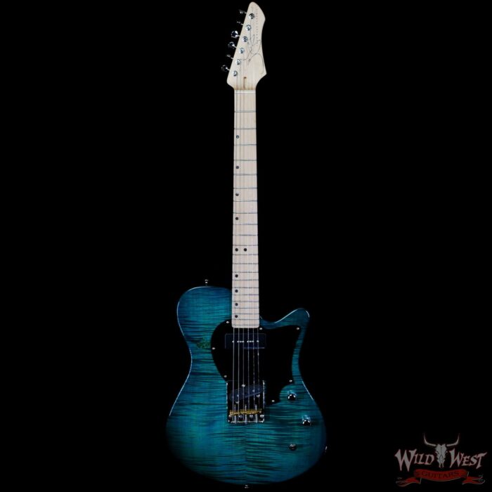 John Page Classic USA AJ Flame Maple Top Maple Fingerboard P90/Humbucker Trans Aqua - Image 3