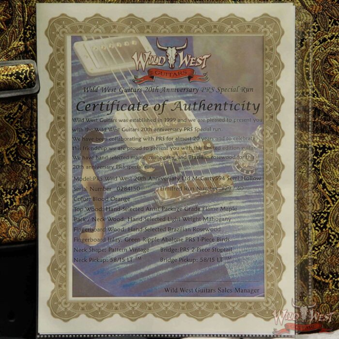 PRS Wild West Guitars 20th Anniversary Limited Run # 29 of 40 Wood Library Artist Package Semi-Hollow McCarty 594 River Blue Burst - Image 15