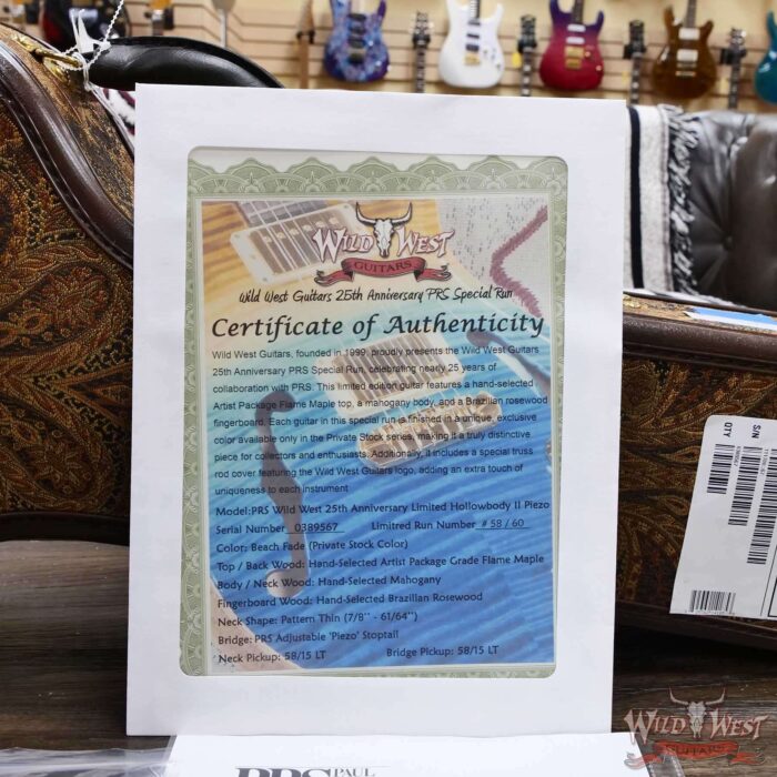 PRS Wild West Guitars 25th Anniversary Limited Run Wood Library Artist Package Hollowbody II Piezo Beach Fade (Private Stock Color) 5.70 LBS (US Only / No International Shipping) - Image 13