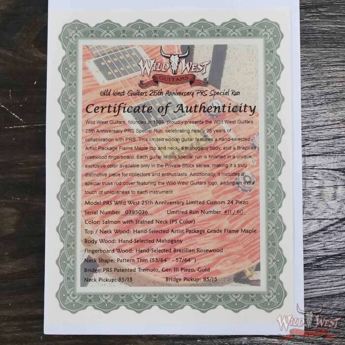 PRS Wild West Guitars 25th Anniversary Limited Run Wood Library Artist Package Custom 24 Piezo Salmon (Private Stock Color) 8.05 LBS (US Only / No International Shipping) - Image 12
