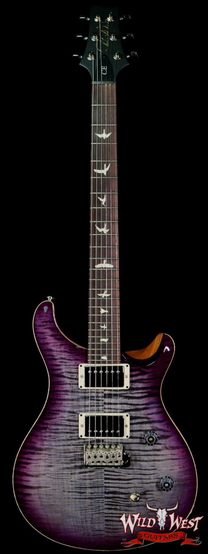 PRS Wild West Guitars Special Run Flame Top Black Neck CE 24 Faded Gray Black Purple Burst 318524 - Image 1
