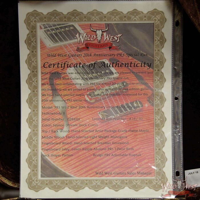 PRS Wild West Guitars 20th Anniversary Limited Run # 14 of 40 Wood Library Artist Package McCarty 594 Hollowbody II Salmon(Private Stock Color) - Image 17