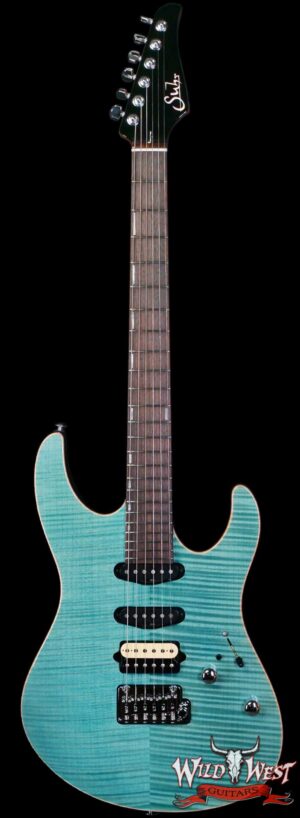 Suhr Custom Set Neck Modern HSS Flame Maple Top SSCII System Blower Switch 24 Stainless Steel Jumbo Frets Bahama Blue 7.25 lbs