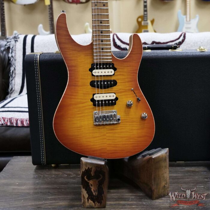 Suhr Custom Modern HSH Flame Top Genuine Mahogany Body Roasted Maple Neck Satin Honey Burst 7.70 LBS - Image 8